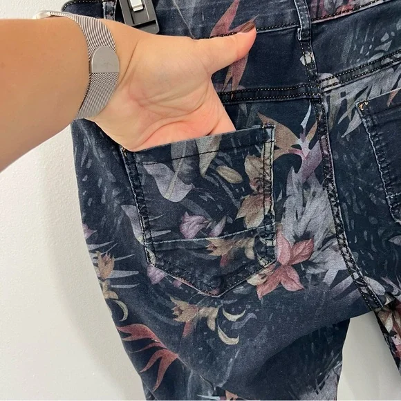Tempo Paris Blue Floral Reversible Denim Skinny Jeans Cotton Blend Large - Picture 8 of 16